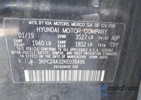 2019 Hyundai Accent Se z USA, uszkodzony, nr VIN 3KPC24A32KE076496